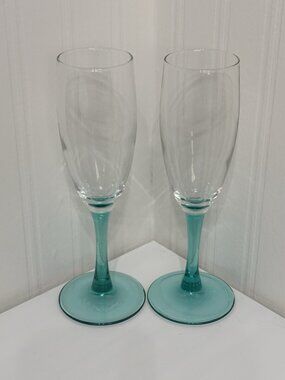 Vintage Luminarc Champagne Flutes Teal Stem Clear Bowl Set of 2 France